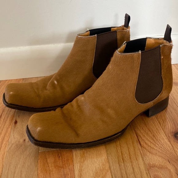 SERGIO ROSSI MENS SHORT BOOTIES BOOTS ANIMAL FUR EXTERIOR TAN BROWN SIZE 8 - Picture 1 of 9